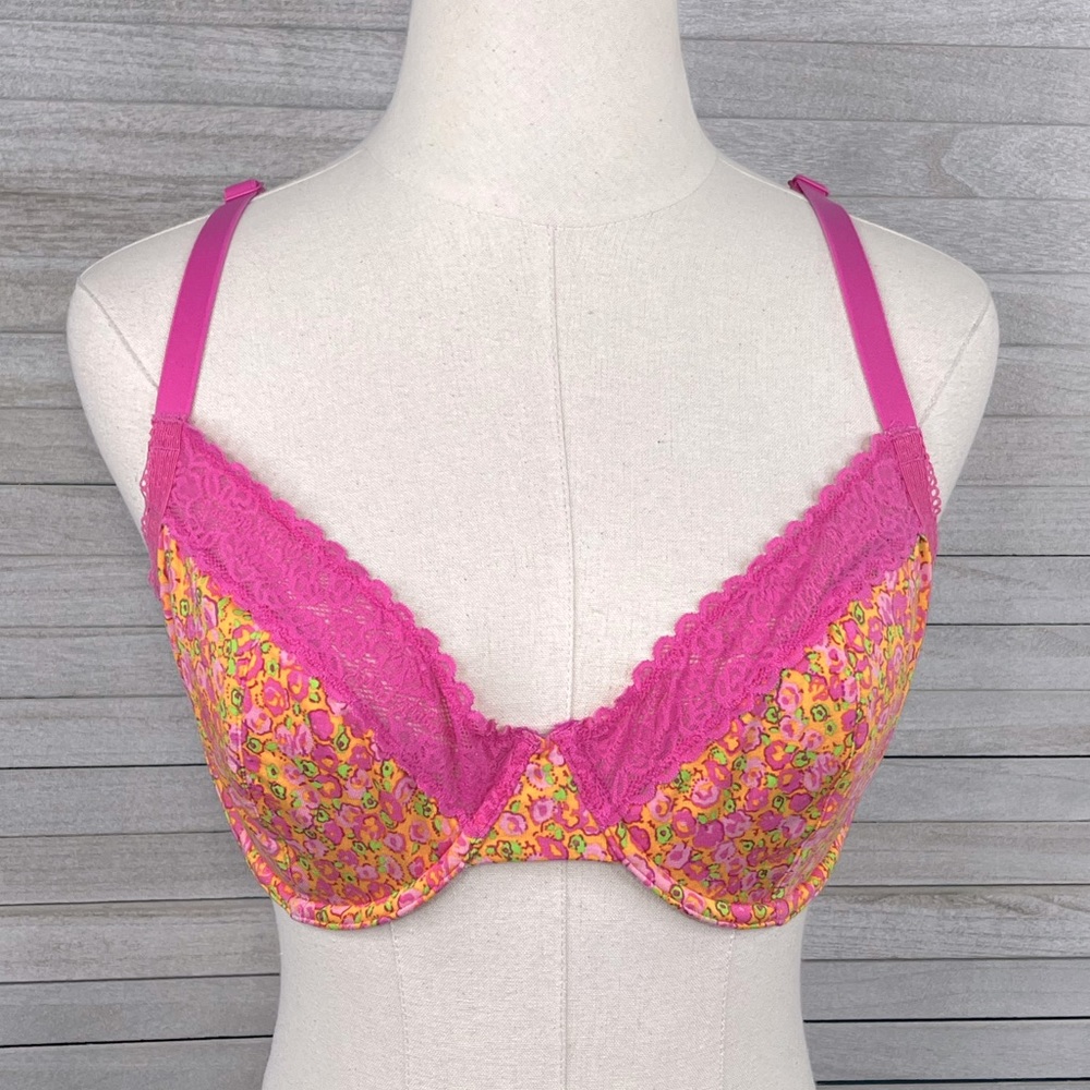SAVAGE X FENTY Cotton Essentials Lace Trimmed Unlined Bra Pink Floral-36DDD